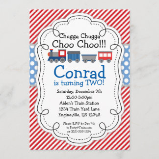 Train Engine, Red Stripes Baby Blue Polka Dot Invitation