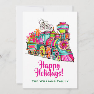 Train Happy Holidays Cute Pink Christmas Boho Holiday Card