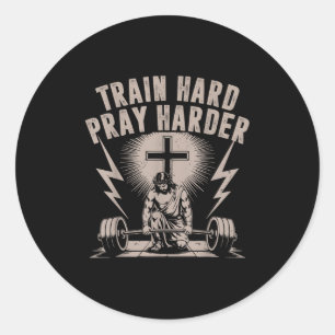 Train Hard Pray Harder Funny Christian Workout Gym Classic Round Sticker
