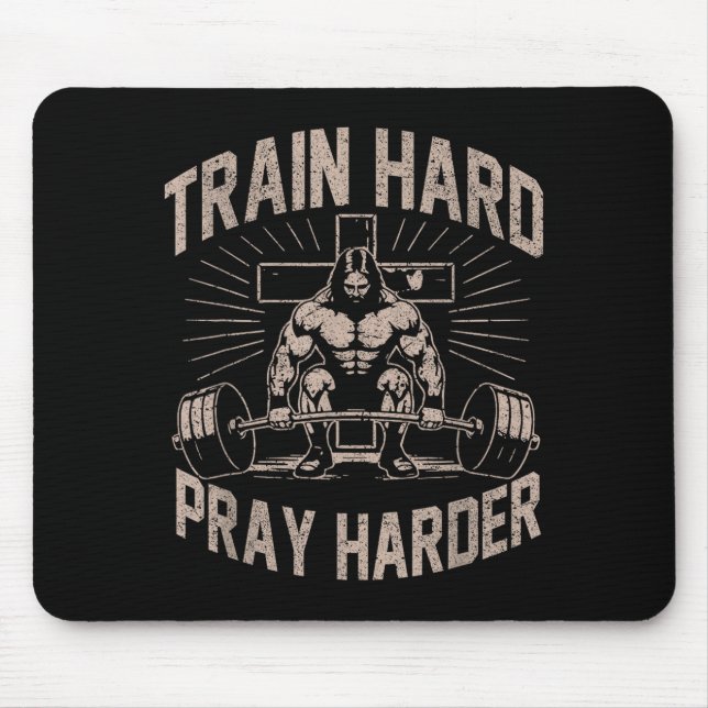Train Hard Pray Harder Funny Christian Workout Gym Mouse Pad (Front)
