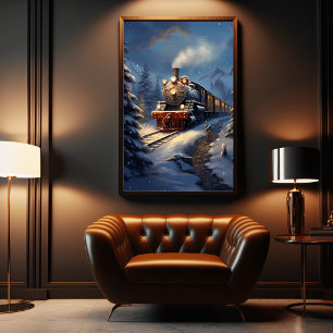 Train in snowy landscape depiction poster
