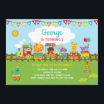 Train Jungle Animals 1st Birthday Safari Wild One Invitation<br><div class="desc">Cute birthday invitation featuring adorable jungle animals on a whimsical train - monkey,  lion,  elephant,  giraffe and a hippo. The wording is fully customizable. If you want to change the font style,  colors or text placement simply click the "Click to Customize Further" button.</div>