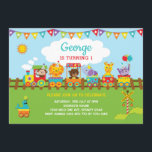 Train Jungle Animals 1st Birthday Safari Wild One Invitation<br><div class="desc">Cute birthday invitation featuring adorable jungle animals on a whimsical train - monkey,  lion,  elephant,  giraffe and a hippo. The wording is fully customizable. If you want to change the font style,  colors or text placement simply click the "Click to Customize Further" button.</div>