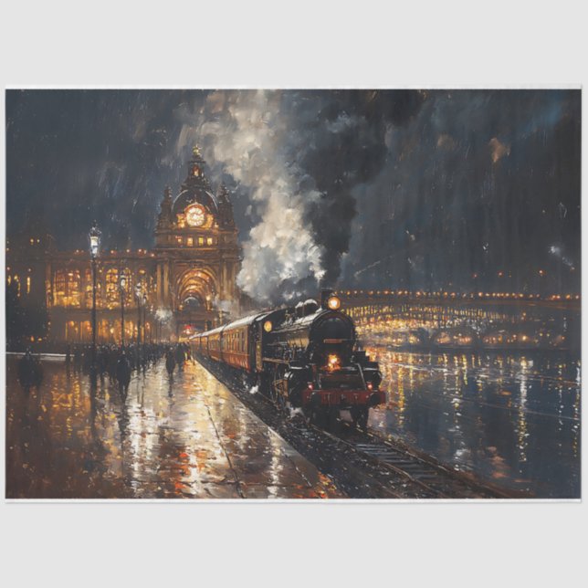 Train Leaving the Station Painting Decoupage Tissue Paper (Front)