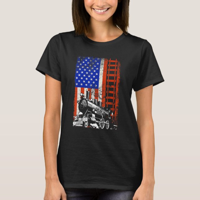 Train Locomotive Engine Usa American Flag 4th Of J T-Shirt (Front)