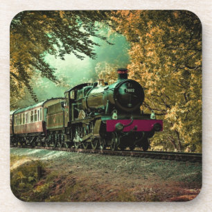 Train Locomotive Retro Vintage Fall Leaves Coaster