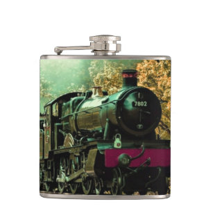 Train Locomotive Retro Vintage Fall Leaves Hip Flask