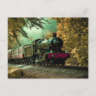 Train Locomotive Retro Vintage Fall Leaves Postcard