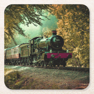 Train Locomotive Retro Vintage Fall Leaves Square Paper Coaster