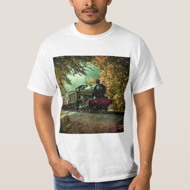 Train Locomotive Retro Vintage Fall Leaves T-Shirt (Front)