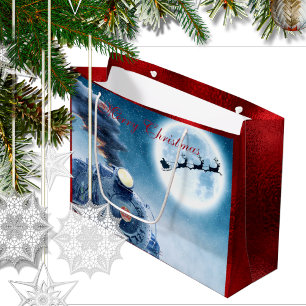 Train Merry Christmas Santa Red Faux Foil Large Gift Bag