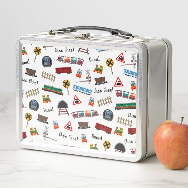 Train Pattern Little Boy First Name Choo Choo Kids Metal Lunch Box (In Situ)
