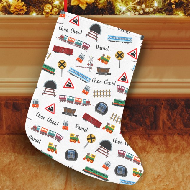 Train Pattern Little Boy First Name Choo Choo Kids Small Christmas Stocking (Creator Uploaded)