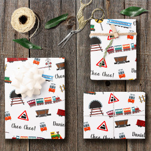 Train Pattern Little Boy First Name Choo Choo Kids Wrapping Paper Sheet