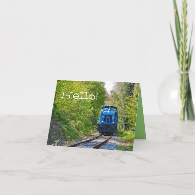 Train Photo Blue Locomotive Hello Blank Note Card (Front)