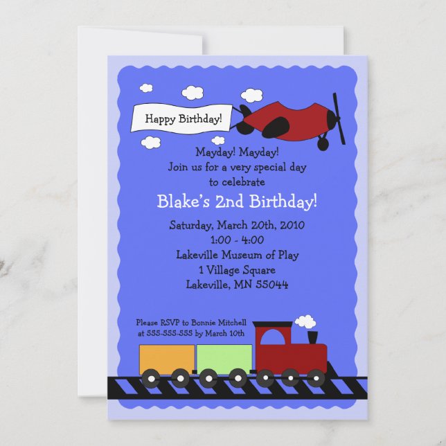 Train & Plane 5x7 cute boy birthday invitation (Front)