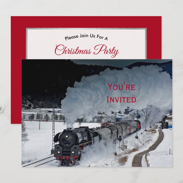 Train Steam Locomotive Snow Photo Christmas Invitation (Front/Back)