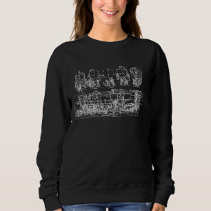 Train Vintage Blueprint Diagram Graphic Steam Loco Sweatshirt