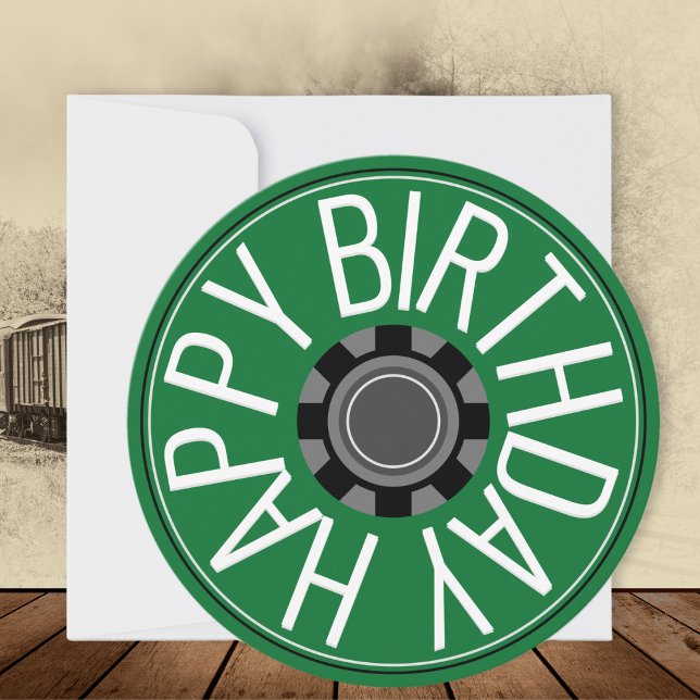 Train Wheel Steampunk Green Happy Birthday Card (A greetings card in Steampunk style, in green with 'Happy Birthday' greeting)