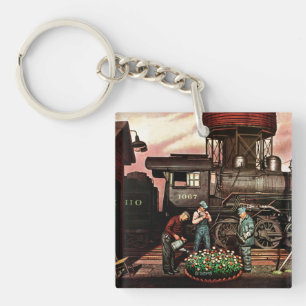 Train Yard Flower Garden by Stevan Dohanos Key Ring