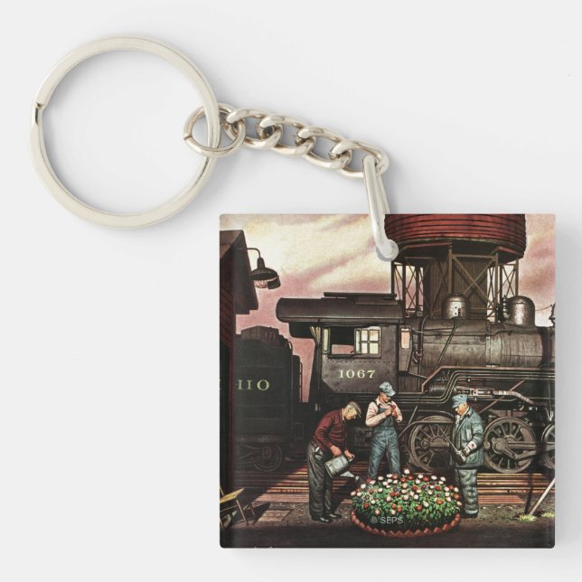 Train Yard Flower Garden by Stevan Dohanos Key Ring (Front)
