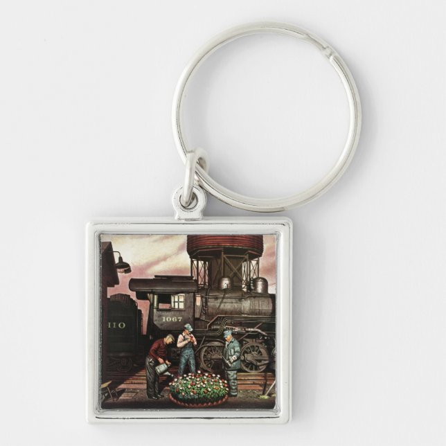 Train Yard Flower Garden by Stevan Dohanos Key Ring (Front)