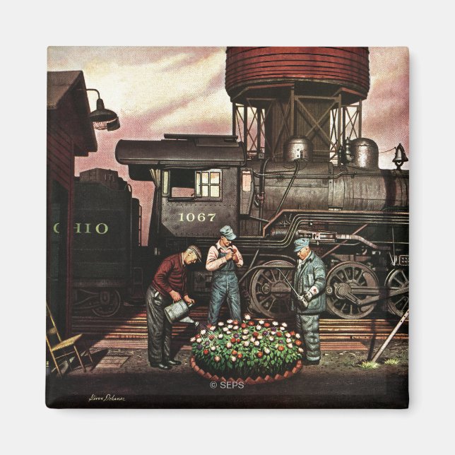 Train Yard Flower Garden by Stevan Dohanos Magnet (Front)