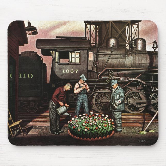 Train Yard Flower Garden by Stevan Dohanos Mouse Pad (Front)