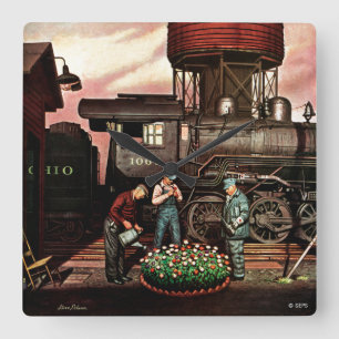 Train Yard Flower Garden by Stevan Dohanos Square Wall Clock