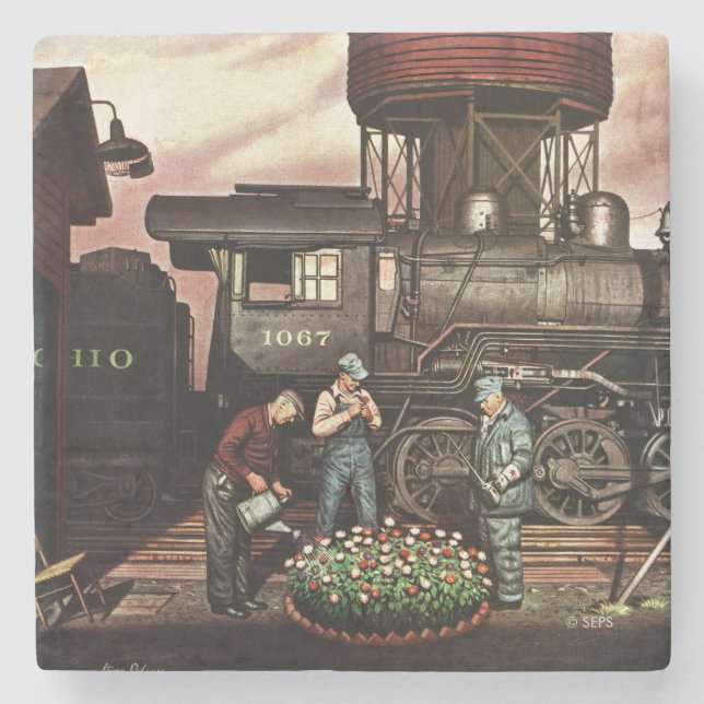 Train Yard Flower Garden by Stevan Dohanos Stone Coaster (Front)
