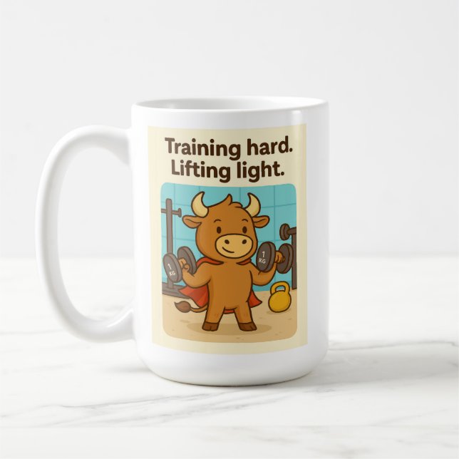 Training Hard. Lifting Light. Bullio Cartoon Desig Coffee Mug (Left)