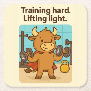 Training Hard, Lifting Light – Funny Bullio Gym Co Square Paper Coaster