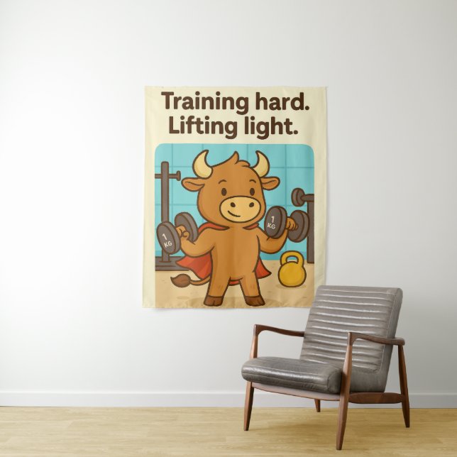 Training Hard, Lifting Light – Funny Bullio Gym Ta Tapestry (In Situ)