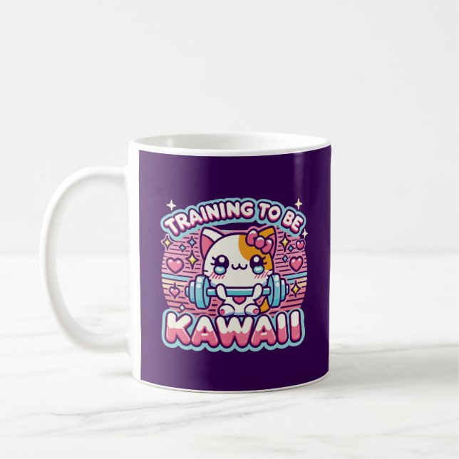 Training to Be Kawaii - Cute Funny Anime Gym Cat Coffee Mug (Left)
