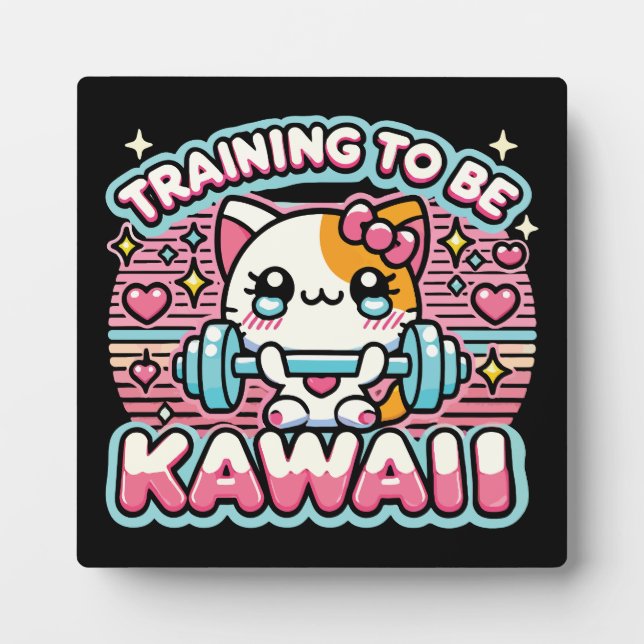 Training to Be Kawaii - Cute Funny Anime Gym Cat Plaque (Front)