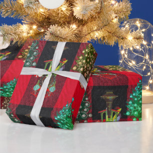 Trains and Christmas Trees on Plaid Black Red Wrapping Paper