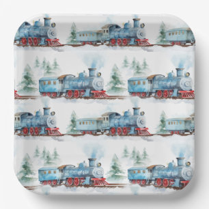 Trains Birthday Party Watercolor Blue Paper Plate