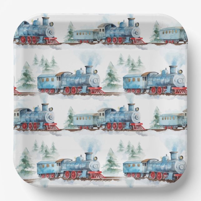 Trains Birthday Party Watercolor Blue Paper Plate (Front)