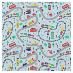 Trains Cars Bus Road Railroad Track on pale blue   Fabric