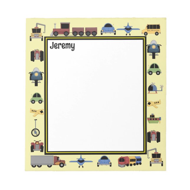 Trains, Plains and Automobiles Boys Monogrammed Notepad (Front)