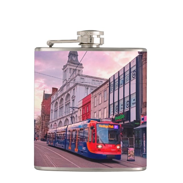 Tram in Sheffield Hip Flask (Front)