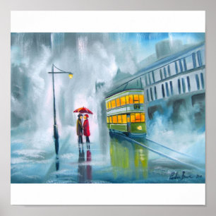 Tram oil painting rainy day umbrella poster