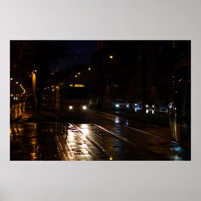 Tram on a rainy night poster (Front)
