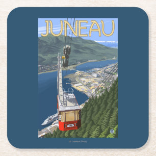 Tram over Juneau, Alaska Vintage Travel Poster Square Paper Coaster