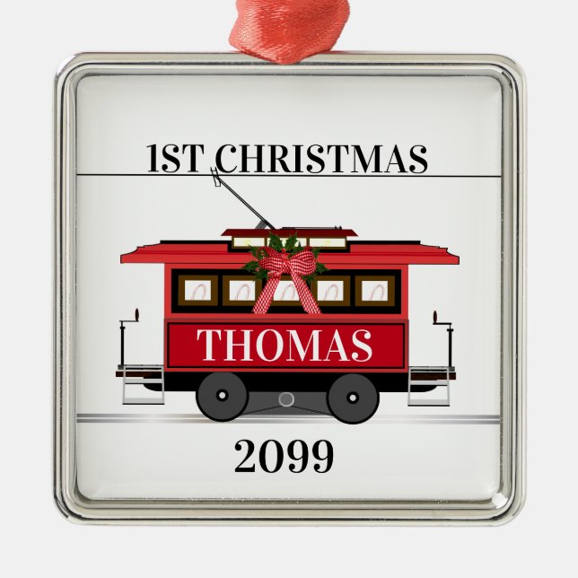 Tram Trolley Streetcar 1st Christmas Keepsake Metal Ornament (Front)