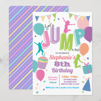 Trampoline birthday party. Girls colourful jump Invitation
