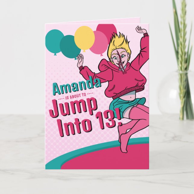 Trampoline Cute Cartoon Teen Girl 13th Birthday Card (Front)