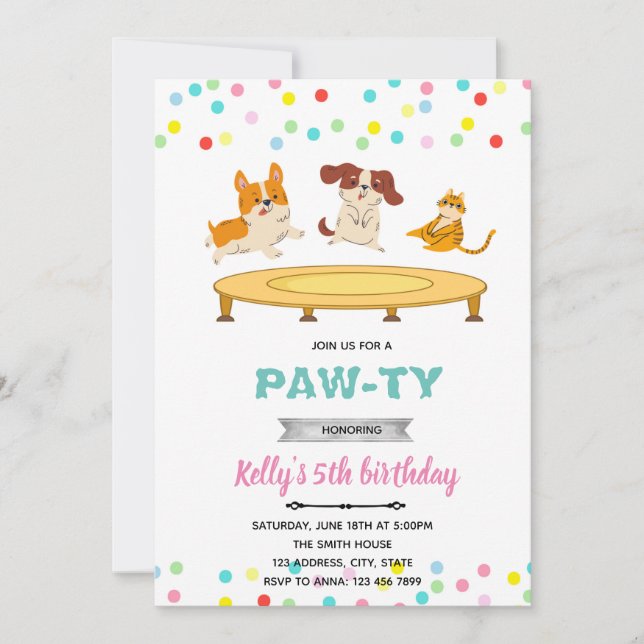Trampoline jump cat dog pawty theme invitation (Front)