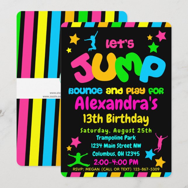 Trampoline Jump Park Party in neon colours Invitation (Front/Back)