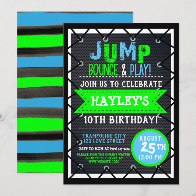 Trampoline Park Bounce Party Neon Colours Summer Invitation (Front/Back)